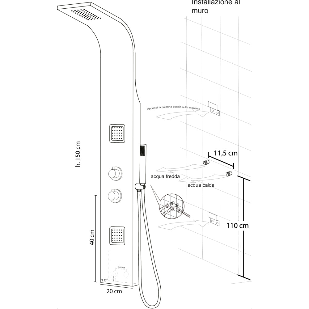 Pannello doccia INOX Vega versione idro — Cardinale Professional