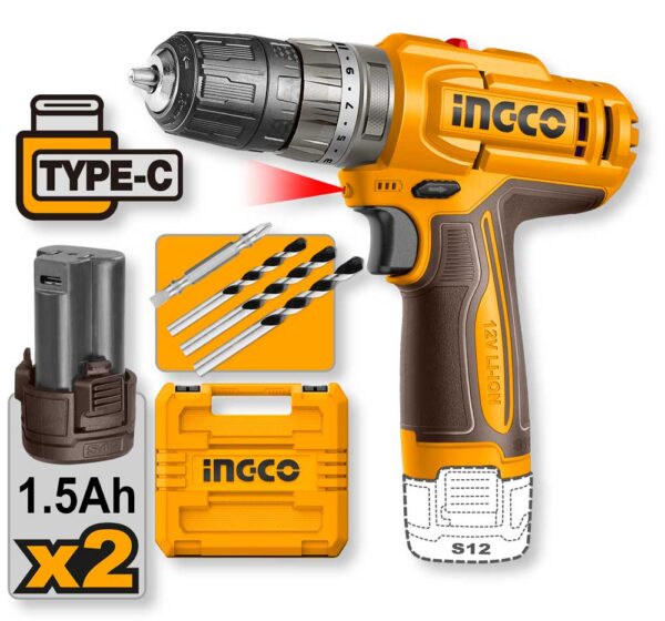 Trapano a Percussione 12V con 2 Batterie 1.5Ah e Valigetta Ingco