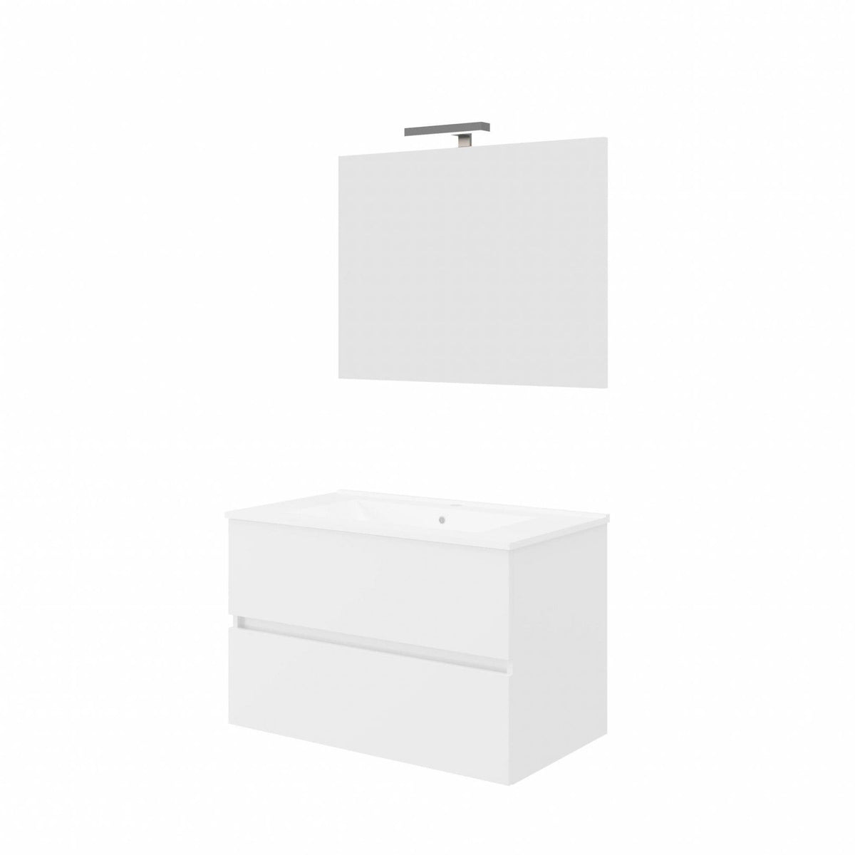 Mobile bagno sospeso 81 cm bianco lucido - 2 cassetti, lavabo in ceramica e specchio con lampada LED