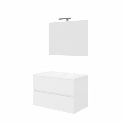 Mobile bagno sospeso 81 cm bianco lucido - 2 cassetti, lavabo in ceramica e specchio con lampada LED