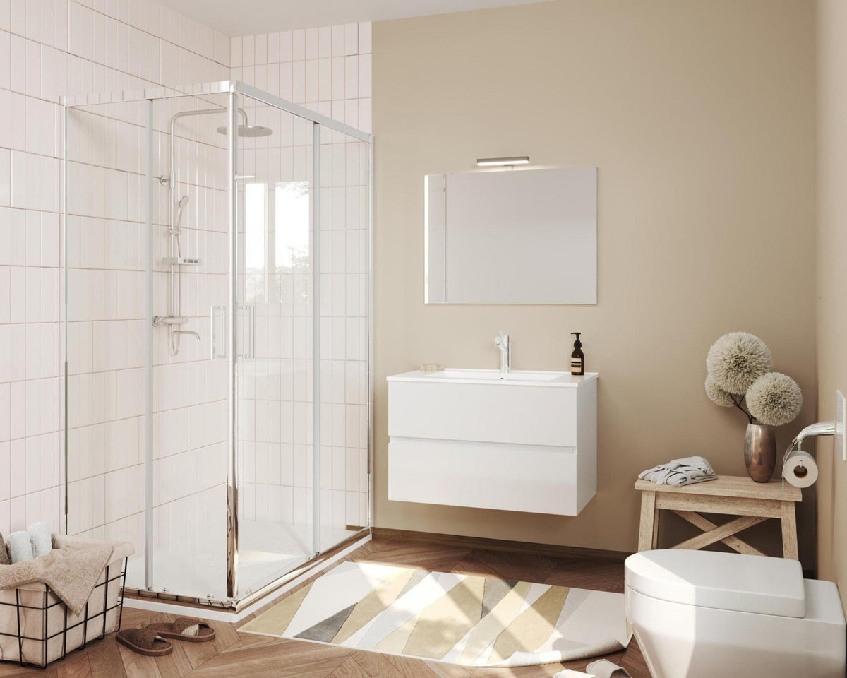 Mobile bagno sospeso 81 cm bianco lucido - 2 cassetti, lavabo in ceramica e specchio con lampada LED