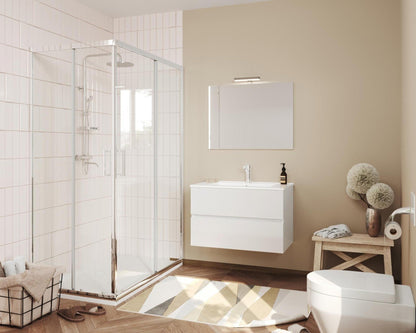 Mobile bagno sospeso 81 cm bianco lucido - 2 cassetti, lavabo in ceramica e specchio con lampada LED