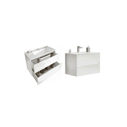 Mobile bagno sospeso 81 cm bianco lucido - 2 cassetti, lavabo in ceramica e specchio con lampada LED