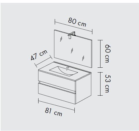 Mobile bagno sospeso 81 cm bianco lucido - 2 cassetti, lavabo in ceramica e specchio con lampada LED