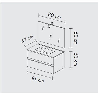 Mobile bagno sospeso 81 cm bianco lucido - 2 cassetti, lavabo in ceramica e specchio con lampada LED