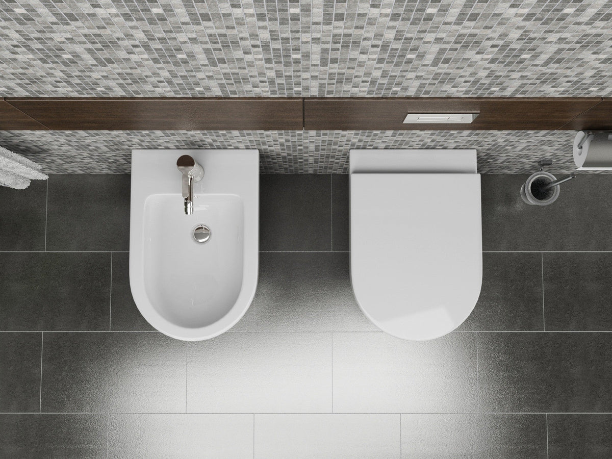 Coppia sanitari in ceramica filomuro Round WC e bidet con sedile soft close