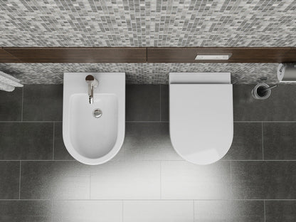 Coppia sanitari in ceramica filomuro Round WC e bidet con sedile soft close
