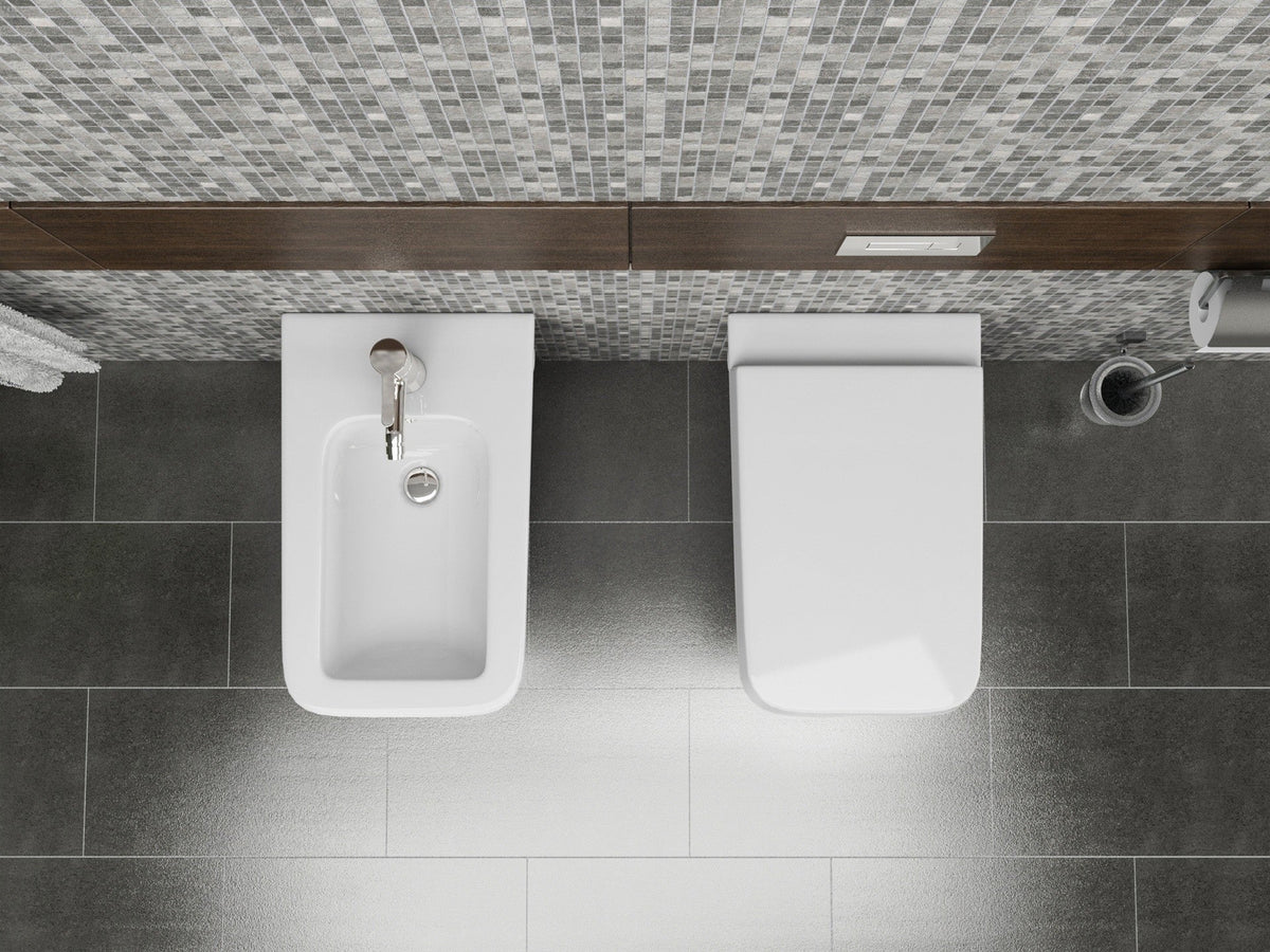 Coppia sanitari in ceramica filomuro Square WC e bidet con sedile soft close