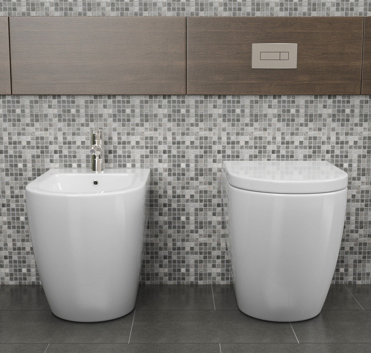 Coppia sanitari in ceramica filomuro Round WC e bidet con sedile soft close