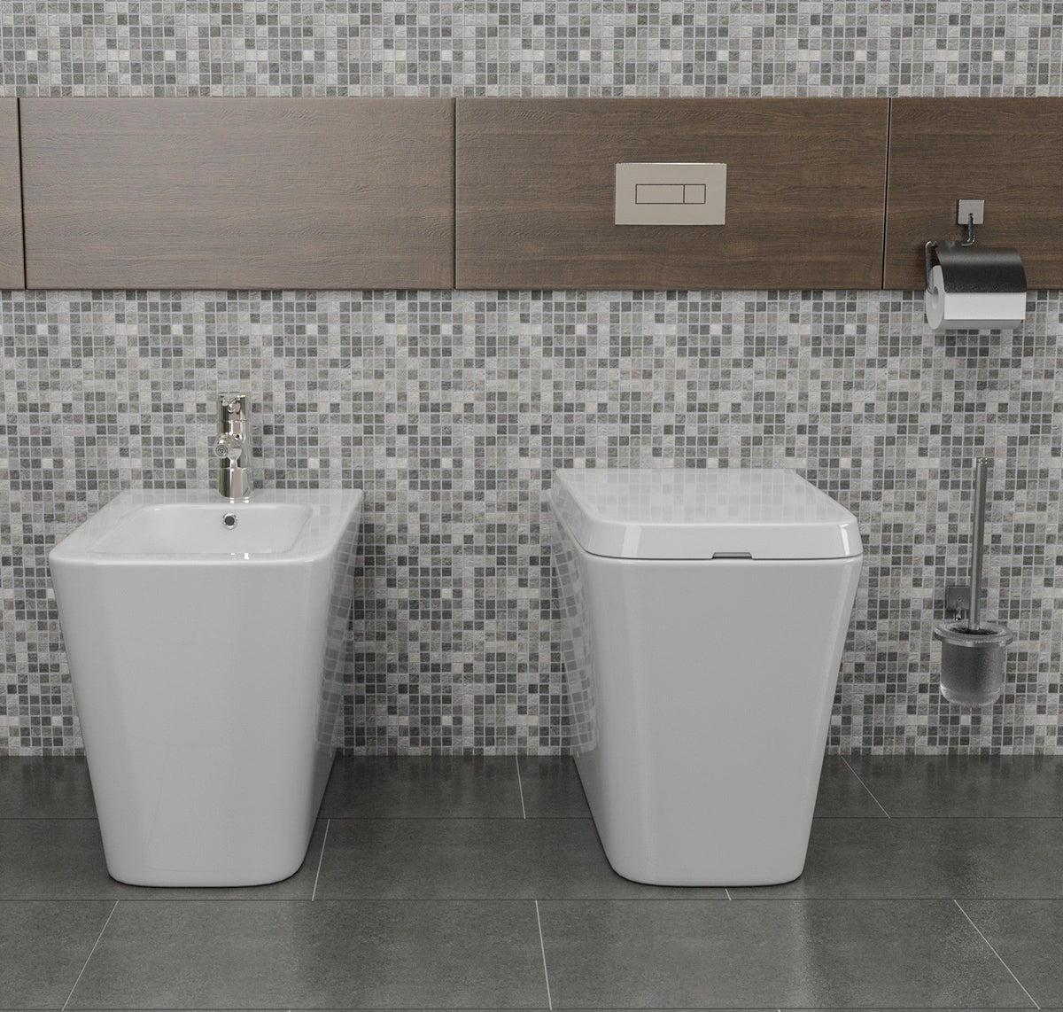 Coppia sanitari in ceramica filomuro Square WC e bidet con sedile soft close