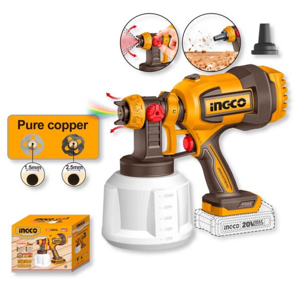 Aerografo Spray 20V 800 ml/min 120DIN-s Nudo con Accessori Ingco